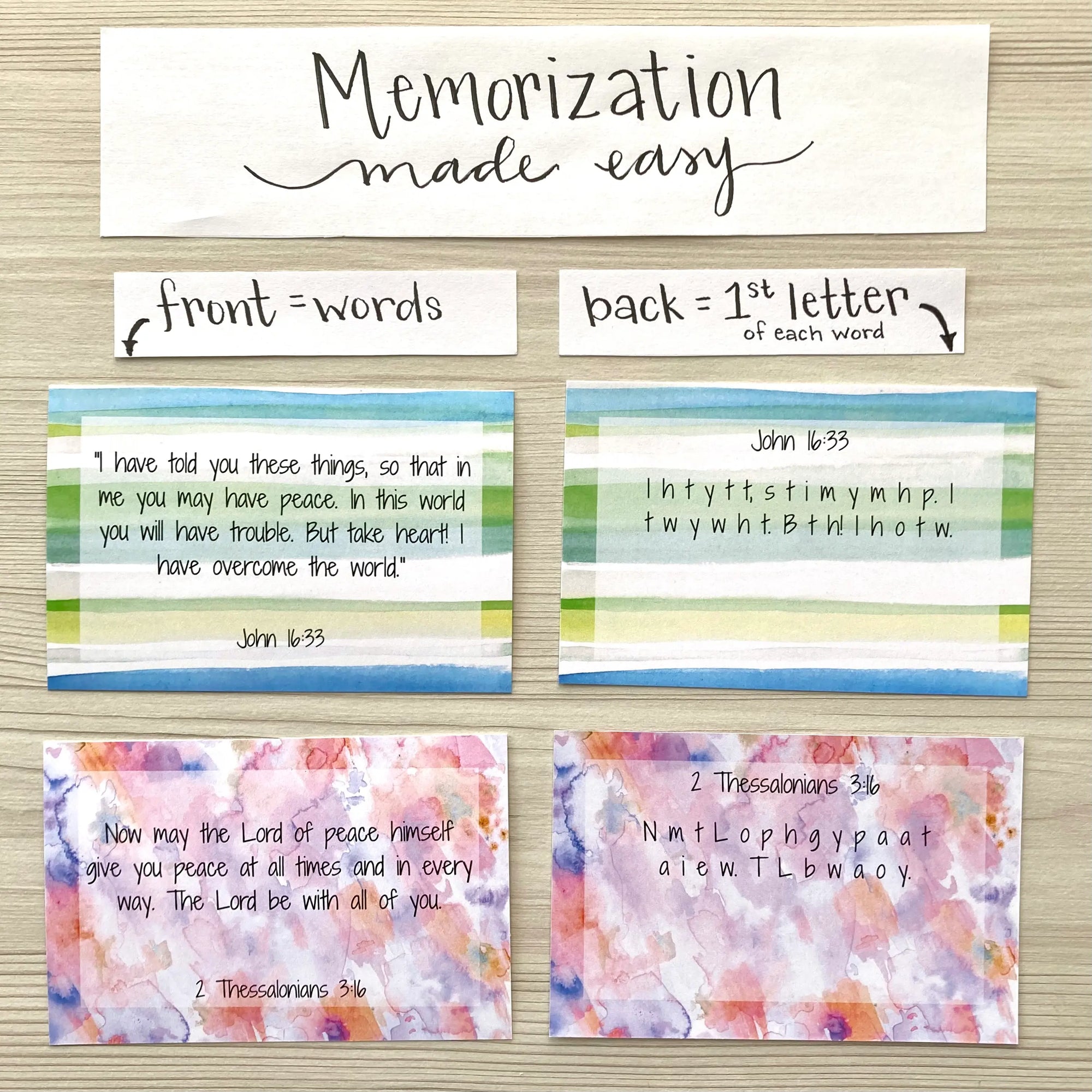 Memorization method for Bible verse cards about joy. The front of the card includes the entire verse; the back of the card lists the first letter of each card.