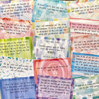 Collage of colorful Scripture memory cards with hand-painted designs and various verses for finding peace and comfort during times of anxiety