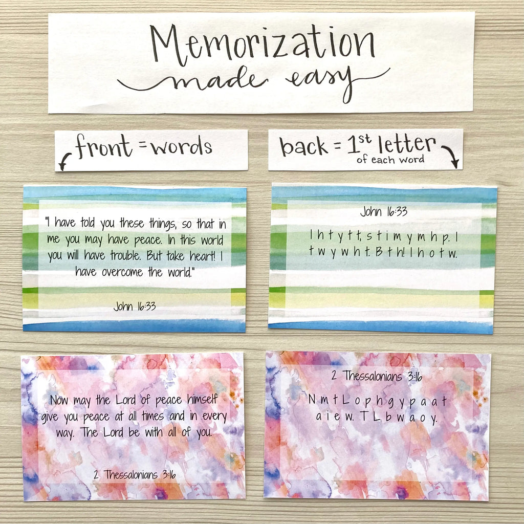 Memorization method for Bible verse cards about joy. The front of the card includes the entire verse; the back of the card lists the first letter of each card.