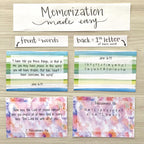 Memorization method for Bible verse cards about joy. The front of the card includes the entire verse; the back of the card lists the first letter of each card.