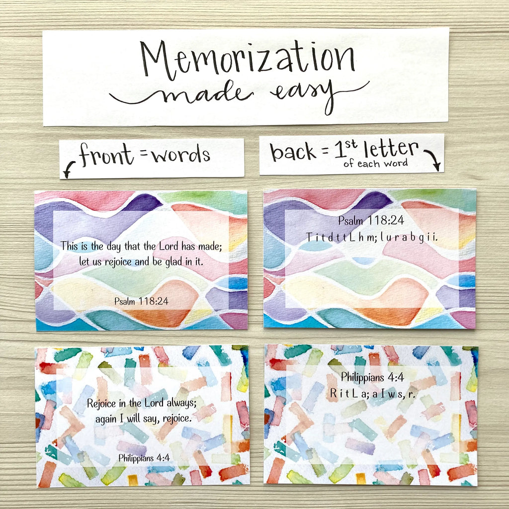 Memorization method for Bible verse cards about joy. The front of the card includes the entire verse; the back of the card lists the first letter of each card.