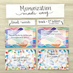 Memorization method for Bible verse cards about joy. The front of the card includes the entire verse; the back of the card lists the first letter of each card.
