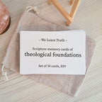 Set of theological foundations scripture memory cards on a canvas bag with an easel on the side.