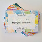 A stack of colorful scripture memory cards with a watercolor design, labeled "We Learn Truth - Scripture memory cards of theological foundations, Set of 50 cards, ESV."